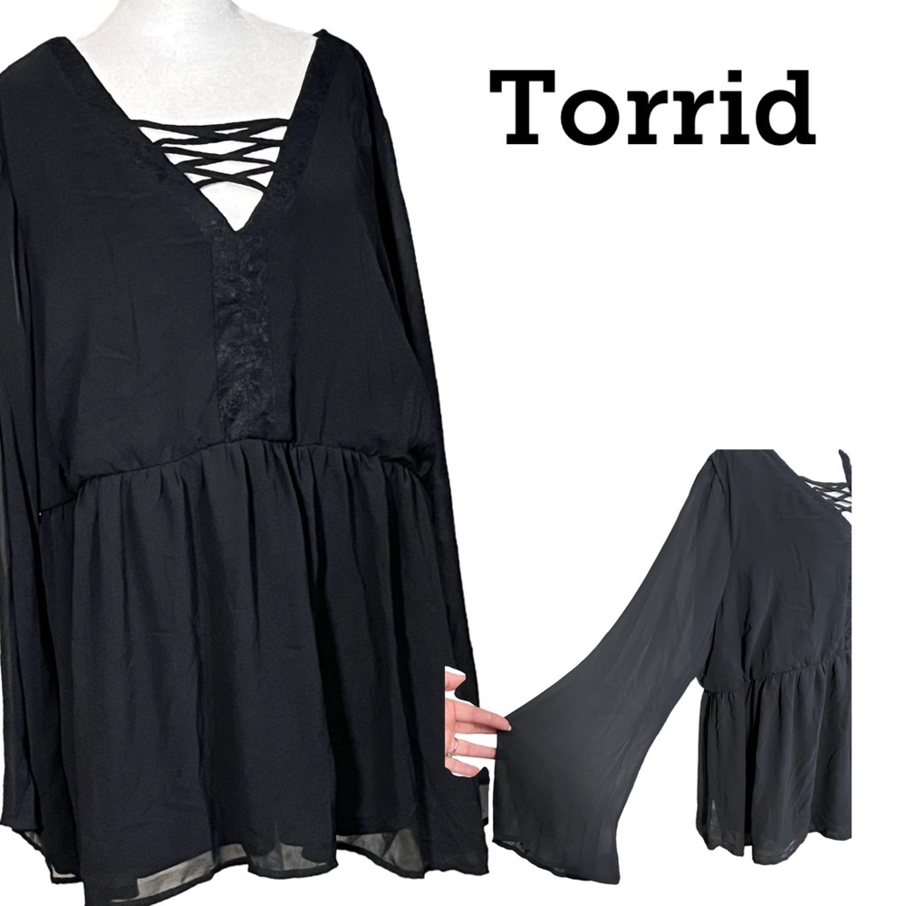 Torrid Black Strappy Chest Baby Doll Sheer Long Sleeves Bell Lace Detail size 3